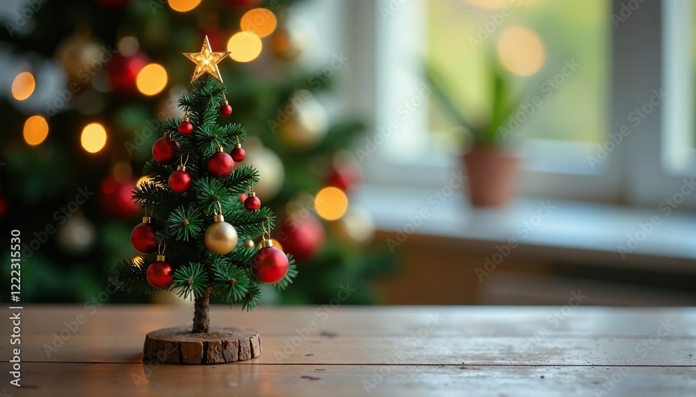 A small Christmas tree on a table with colorful ornaments and lights, tiny, miniature, A small Christmas tree on a table with colorful ornaments and lights, tiny, miniature,