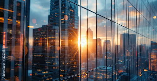 Sunset reflection on modern cityscape with high-rise buildings