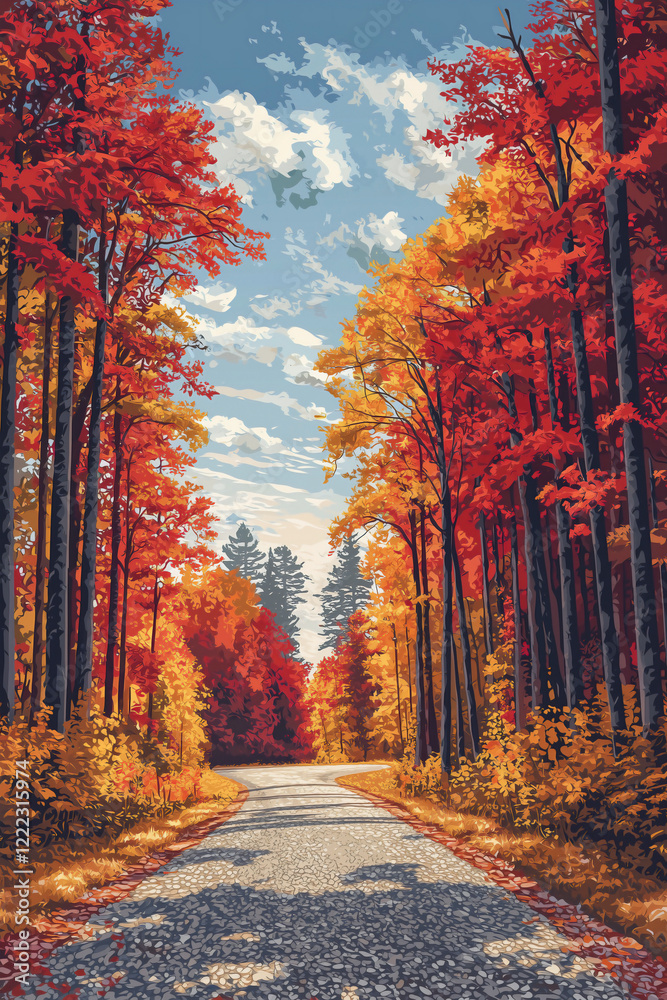 Fototapeta premium A flat vector style scene of a traveler spot showcasing a gravel road winding through a dense autumn forest.