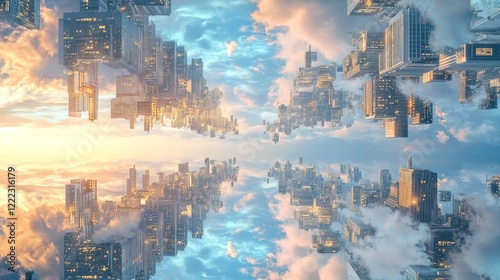 Inverted Metropolis: A Surreal Cityscape Reflecting in a Dreamlike Sky
