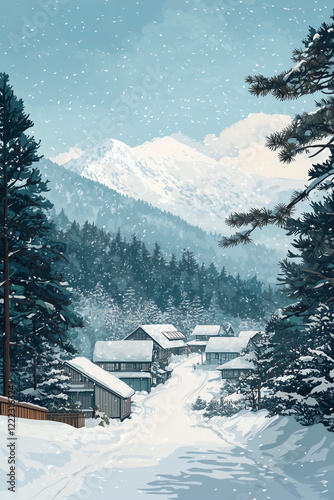 Flat vector illustration of a Hokkaido winter traveler spot, with snow-covered mountains and traditional Japanese houses in the background. photo