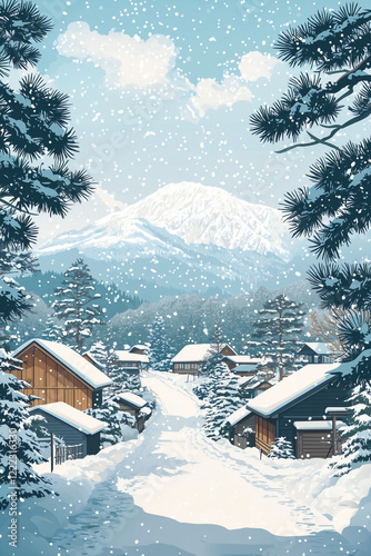 Flat vector illustration of a Hokkaido winter traveler spot, with snow-covered mountains and traditional Japanese houses in the background. photo