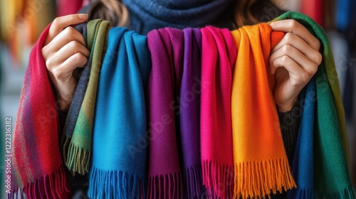 Customer holding up two scarves for comparison, deciding on which one to purchase photo