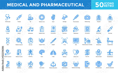 Medical and Pharmaceutical icon set with stethoscope, syringe, pill, medical cross, heart, bandage, thermometer, medical bag, hospital, doctor icon. Simple retro vector 
