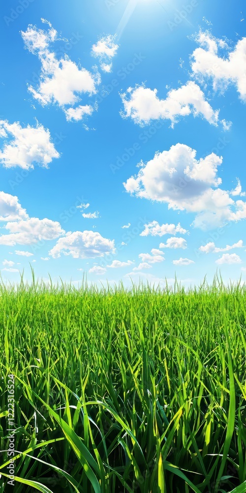Lush Green Grass, Blue Sky, and Clouds: A Serene Landscape Lush Green Grass, Blue Sky, and Clouds: A Serene Landscape
