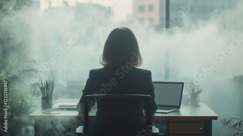 Rear view of a young Asian woman in a dark, sharp suit sitting at a desk in an office engulfed in thick, polluted air. photo