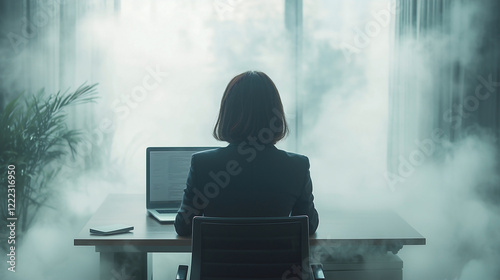 Rear view of a young Asian woman in a dark, sharp suit sitting at a desk in an office engulfed in thick, polluted air. photo