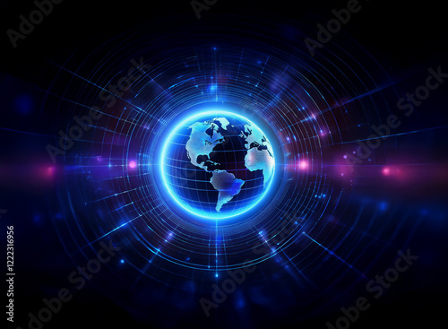 Wallpaper Mural A glowing blue Earth encircled by futuristic, technological rings.  Digital data streams radiate outward, suggesting global connectivity and advanced technology. Torontodigital.ca