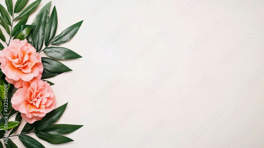 Elegant Pink Flowers with Green Leaves on Light Background Elegant Pink Flowers with Green Leaves on Light Background