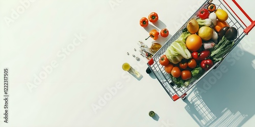 shopping cart with assorted groceries, overhead view, white background, minimal design photo