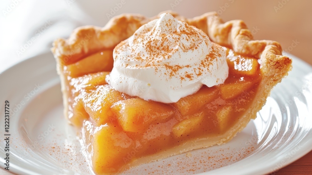 Delicious slice of homemade apple pie topped with whipped cream and sprinkled with cinnamon Delicious slice of homemade apple pie topped with whipped cream and sprinkled with cinnamon