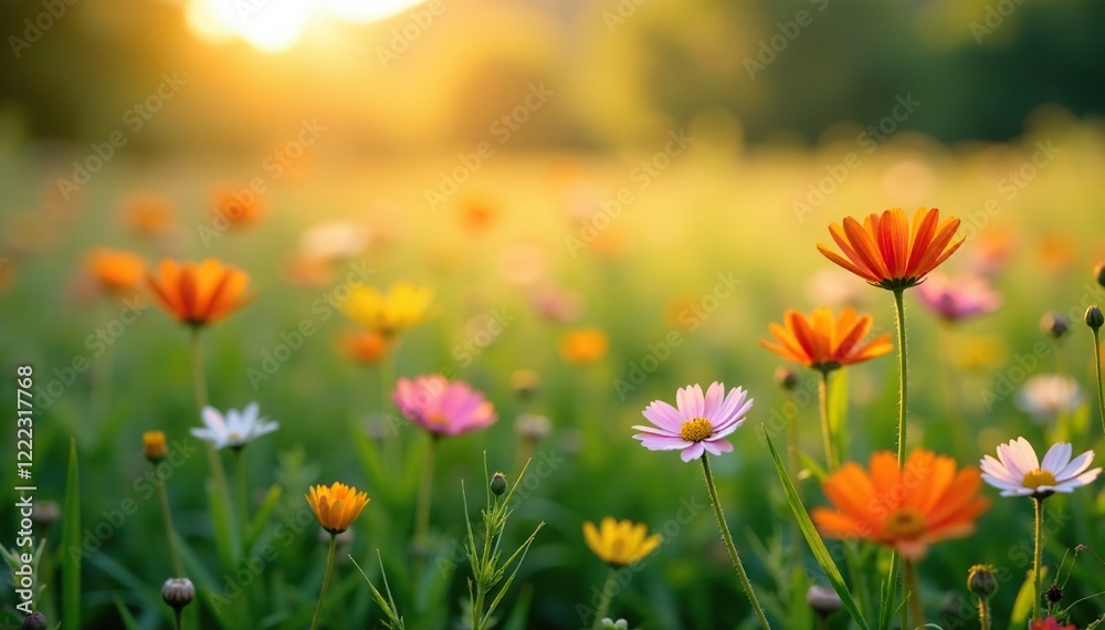 Softly focused wildflowers in a serene meadow at dawn, calm, landscape Softly focused wildflowers in a serene meadow at dawn, calm, landscape