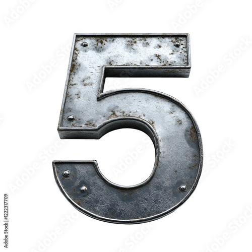 Top view of a 3D number 5 made of steel metal isolated on a white transparent background