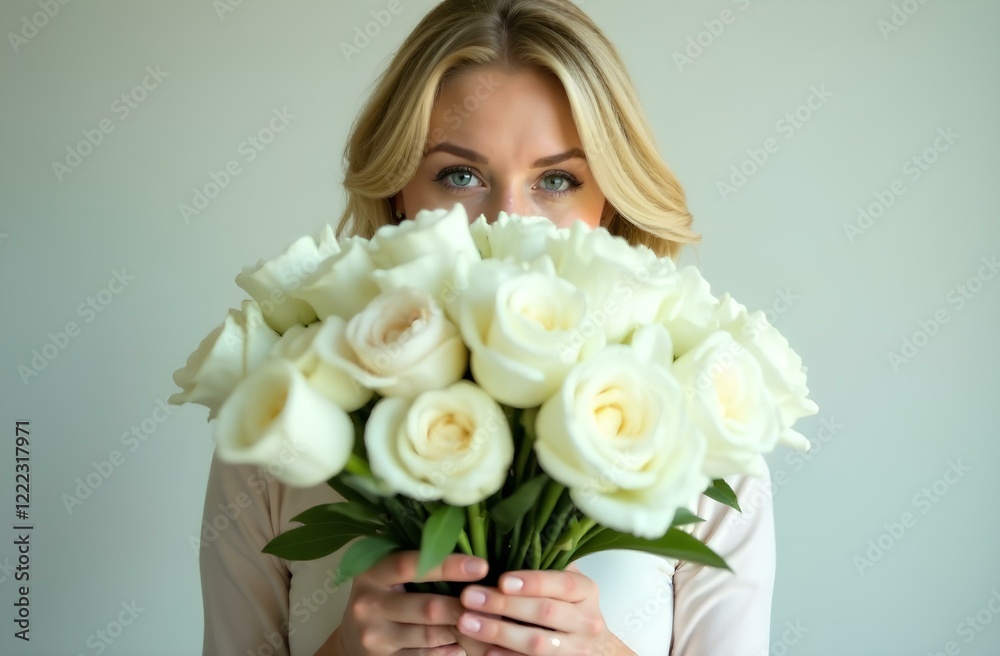 On a light background a large bouquet of white flowers is hugged by a blonde woman with both hands On a light background a large bouquet of white flowers is hugged by a blonde woman with both hands