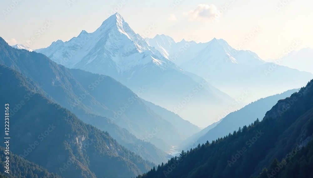 White mountain peaks shrouded in mist and fog, serene, landscape White mountain peaks shrouded in mist and fog, serene, landscape