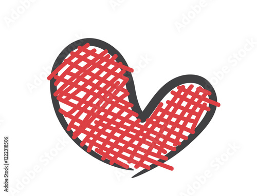 Doodle heart in red black color. Love symbol. Isolated vector element for valentines day design