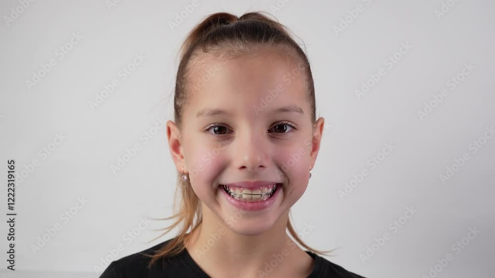 Cute girl with dental braces smiling looking at camera. Little girl with teeth retainers, close-up. Child with orthodontic plate on a white background. Children's dentistry Cute girl with dental braces smiling looking at camera. Little girl with teeth retainers, close-up. Child with orthodontic plate on a white background. Children's dentistry