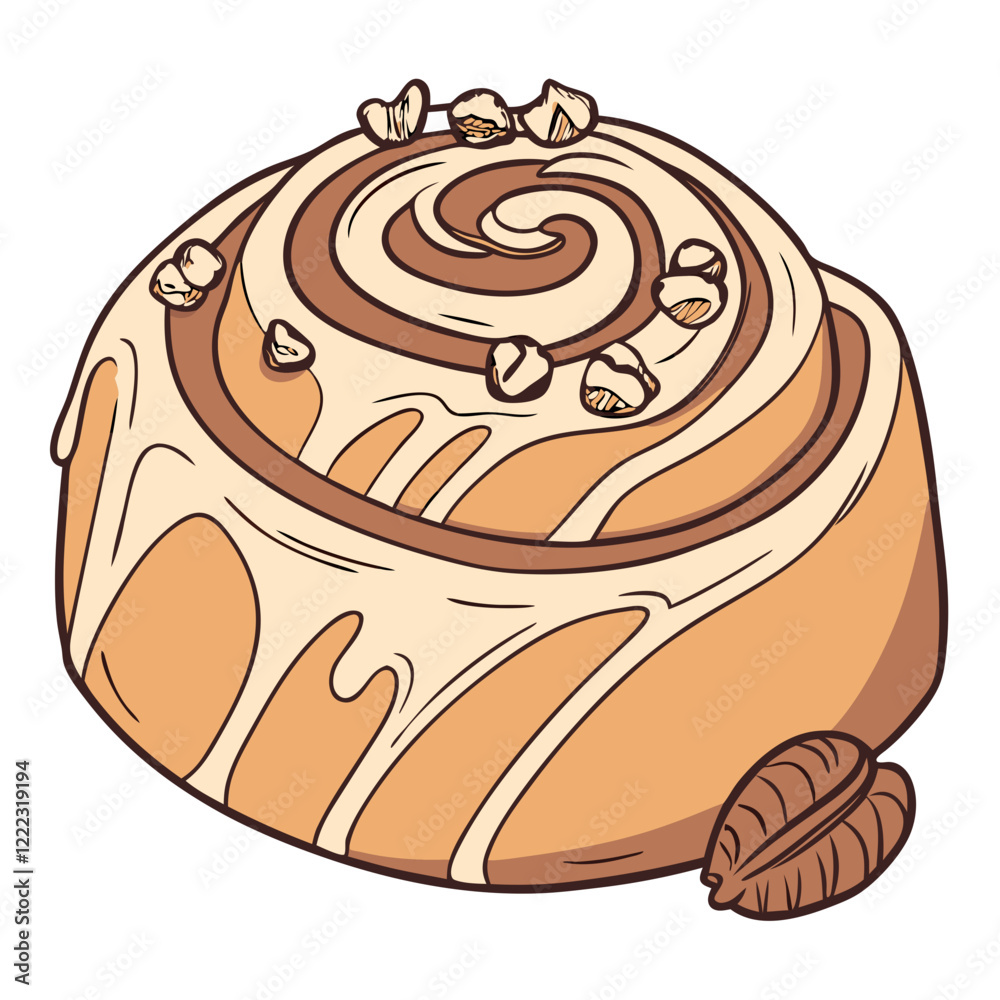 Hand-drawn Cinnamon Roll with Glaze and Walnut Pieces. Perfect for: Christmas, Thanksgiving, cozy family moments Hand-drawn Cinnamon Roll with Glaze and Walnut Pieces. Perfect for: Christmas, Thanksgiving, cozy family moments