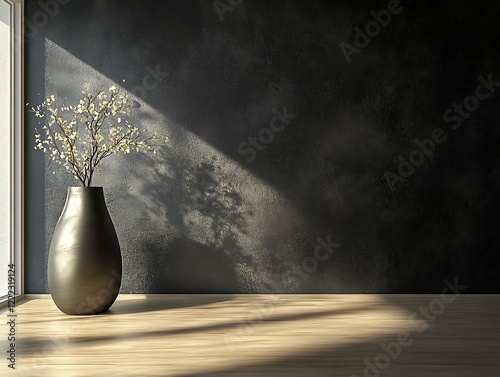 Contemporary Home Decor with Minimalist Vases on a Matte Black Wall, Wooden Flooring, and Natural Light, Perfect for Modern Interior Design Themes