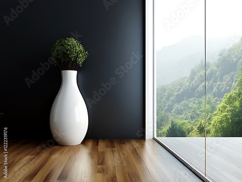 Contemporary Home Decor with Minimalist Vases on a Matte Black Wall, Wooden Flooring, and Natural Light, Perfect for Modern Interior Design Themes