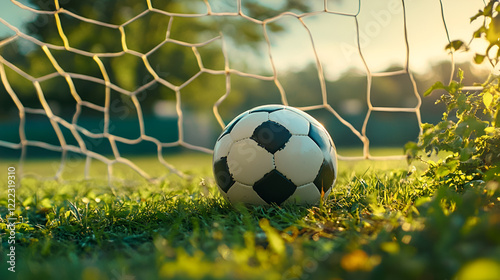 Evening soccer scene, soccer ball, goal net, sunlit grass field, nostalgic mood