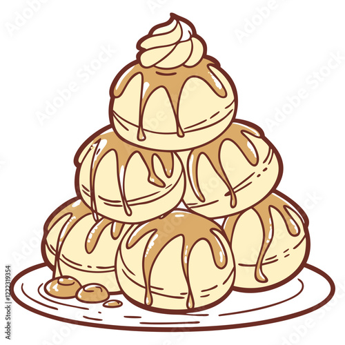 Hand-drawn Croquembouche Tower with Cream Puffs and Caramel Drizzle. Perfect for: Weddings, French-themed parties, anniversaries