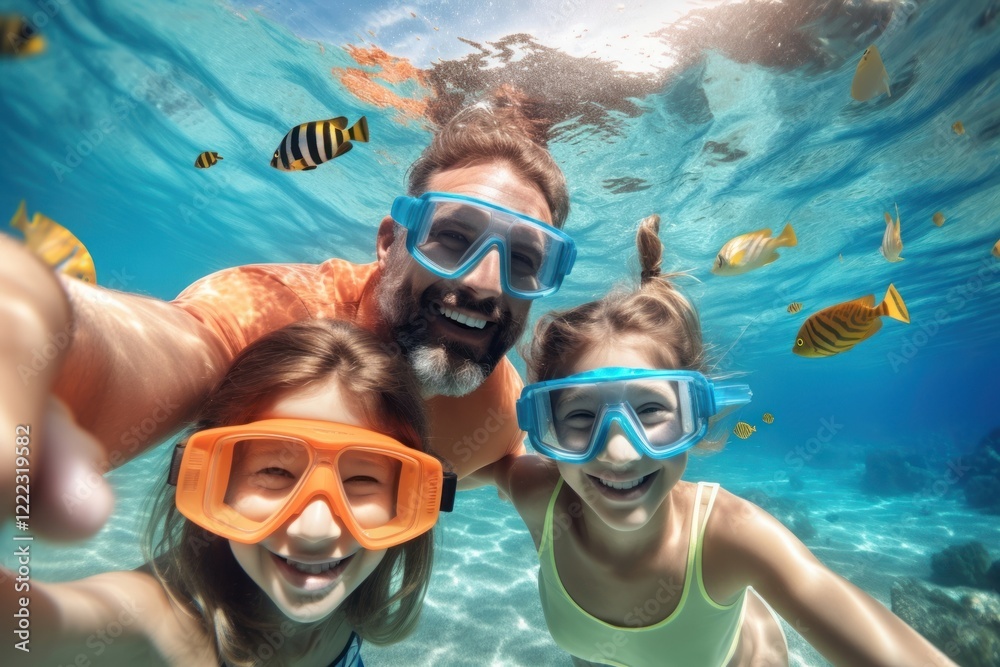 Naklejka premium Happy family snorkeling underwater recreation.