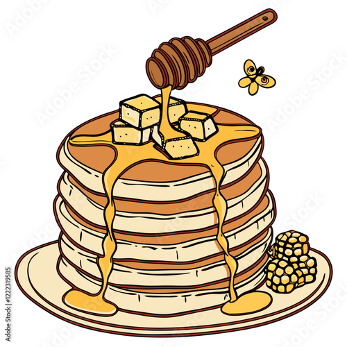 Hand-drawn Honey Pancakes with Honeycomb Decoration. Perfect for: Breakfasts, casual brunches, tea time