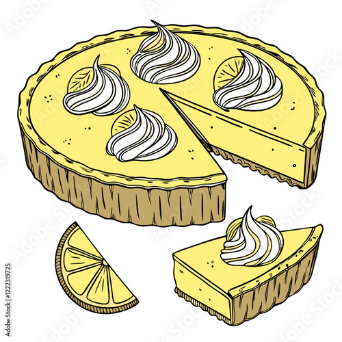 Hand-drawn Lemon Tart with Rich Lemon Curd and Cream Swirls. Perfect for: Valentine's Day, anniversaries, casual desserts