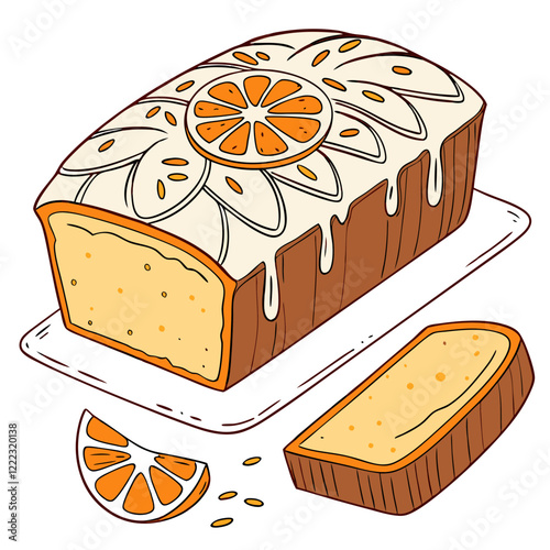 Hand-drawn Orange Loaf Cake with Orange Zest and Powdered Sugar. Perfect for: Breakfast, tea time, autumn gatherings