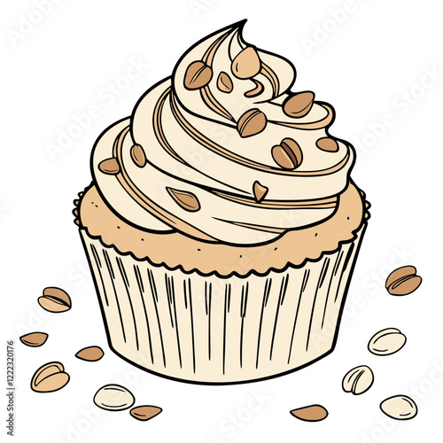 Hand-drawn Peanut Butter Cupcake with Cream Swirl and Crushed Peanuts. Perfect for: Casual gatherings, dessert tables, tea time