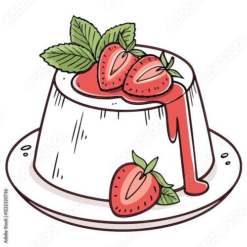 Hand-drawn Strawberry Milk Panna Cotta with Mint Leaves. Perfect for: Valentine’s Day, anniversaries, romantic dinners