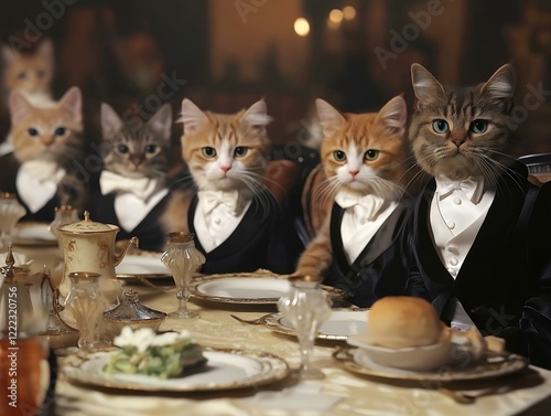 cats dressed in formal wear having dinner, detailed painting, warm lighting