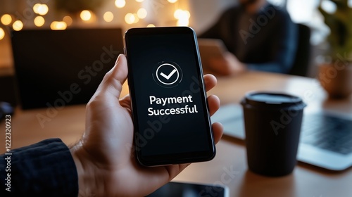 Digital payment success celebration modern office smartphone technology cozy environment close-up view financial concept photo