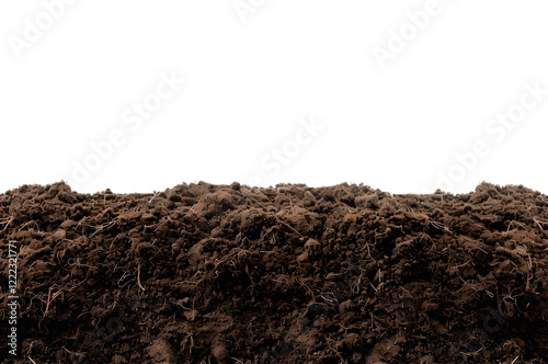Fertile soil closeup, texture background. Black ground surface for gardening season. Soil isolated on white background