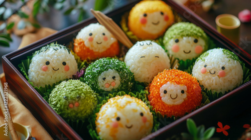 Cheerful bento box with smiling rice balls photo