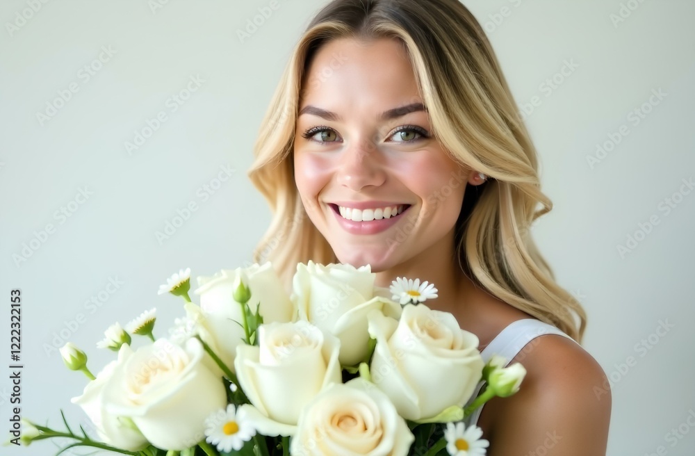 a portrait of a young cheerful blonde woman who holds a large bouquet of white roses a portrait of a young cheerful blonde woman who holds a large bouquet of white roses