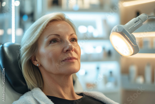 Mature woman receiving facial light therapy session for skin lift effect. Facial beauty procedure in cosmetology salon. Close up of 50 years old female face during rejuvenation procedure in clinic