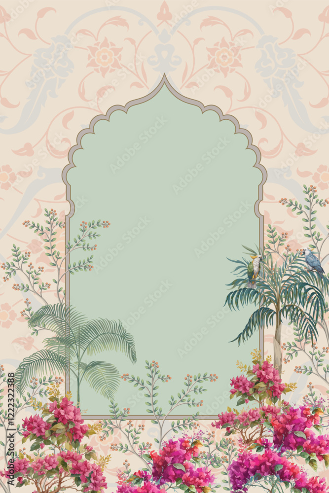 custom made wallpaper toronto digitalMughal ethnic pattern, arch, palm tree, bougainvillea flowers, parrot illustration for wedding invitation