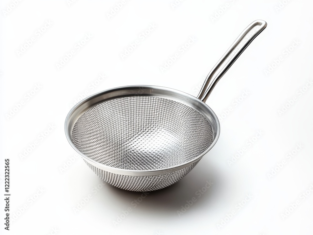 A sleek, modern stainless steel strainer on a clean white background, perfect for kitchen gadgets and cooking tools. A sleek, modern stainless steel strainer on a clean white background, perfect for kitchen gadgets and cooking tools.