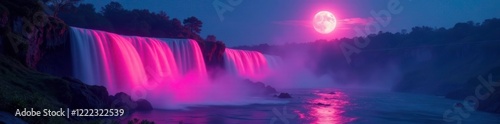 Pink neon glow highlights waterfall's misty veil under a serene full moon, misty, fullmoon, glowing photo