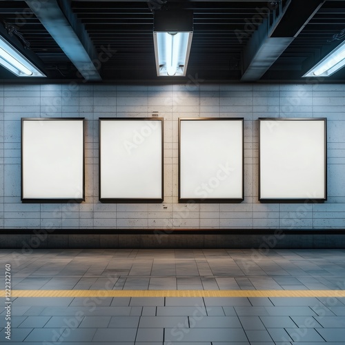 Mockup of four blank posters displayed on subway station wall. Empty white billboard template