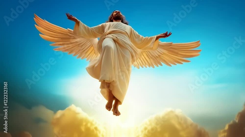 Jesus ascending, surrounded by a multitude of angels. Bible stories. Easter resurrection holiday.