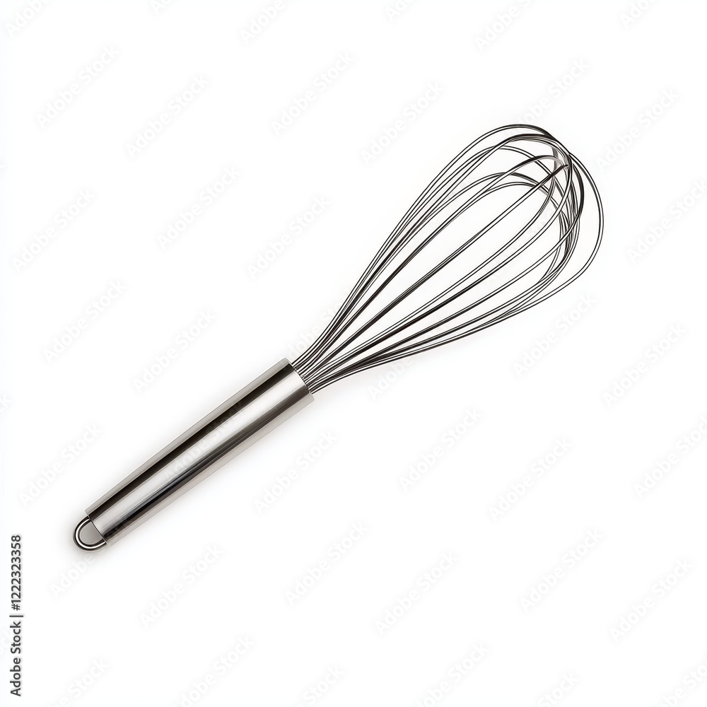 A stainless steel whisk on a white background, perfect for mixing ingredients in the kitchen. A stainless steel whisk on a white background, perfect for mixing ingredients in the kitchen.