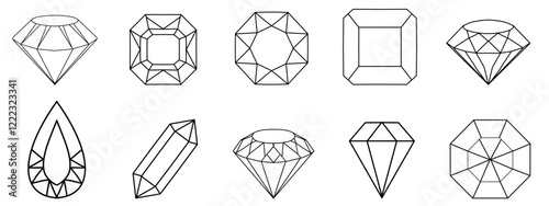 Set of gemstones of various shapes. Jewels crystals. Linear. Crystal gems, luxury gemstones and diamonds outline. Precious stones in minimal geometric style. vector monochrome black and white illustra