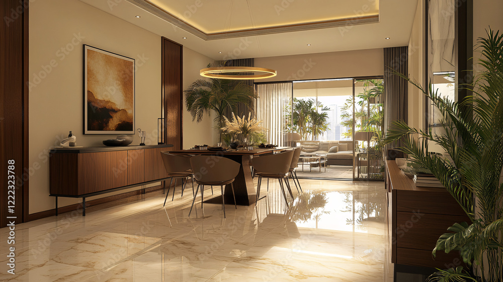 Fototapeta premium modern open plan luxury apartment living room dining room design with wooden accents and large windows