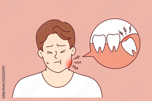 Tooth pain causes inflammation of cheek in suffering man who needs dental help or painkillers. Guy has problem with tooth pain due to poor hygiene and lack of daily use of toothpaste.