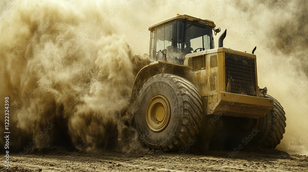 Construction machinery in motion, dust swirling, dramatic lighting, dynamic industrial energy.