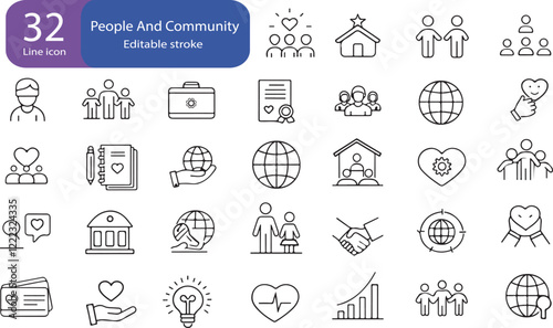 community and people icons with outline designs for teamwork, social interaction, diversity, charity, global connection, and partnership themes