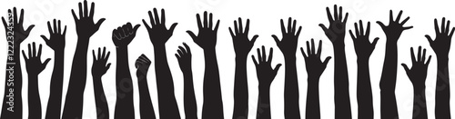 Collection of raised hand silhouettes in various positions symbolizing unity, diversity, teamwork, and support, perfect for creative graphic designs.